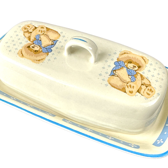 Vintage 1990 Tienshan Stoneware Teddy Bear Covered Butter Dish - Picture 1 of 8